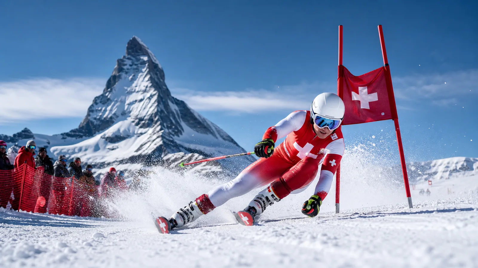 Skifahrer und Wintersportfans in einer Schweizer Bergarena