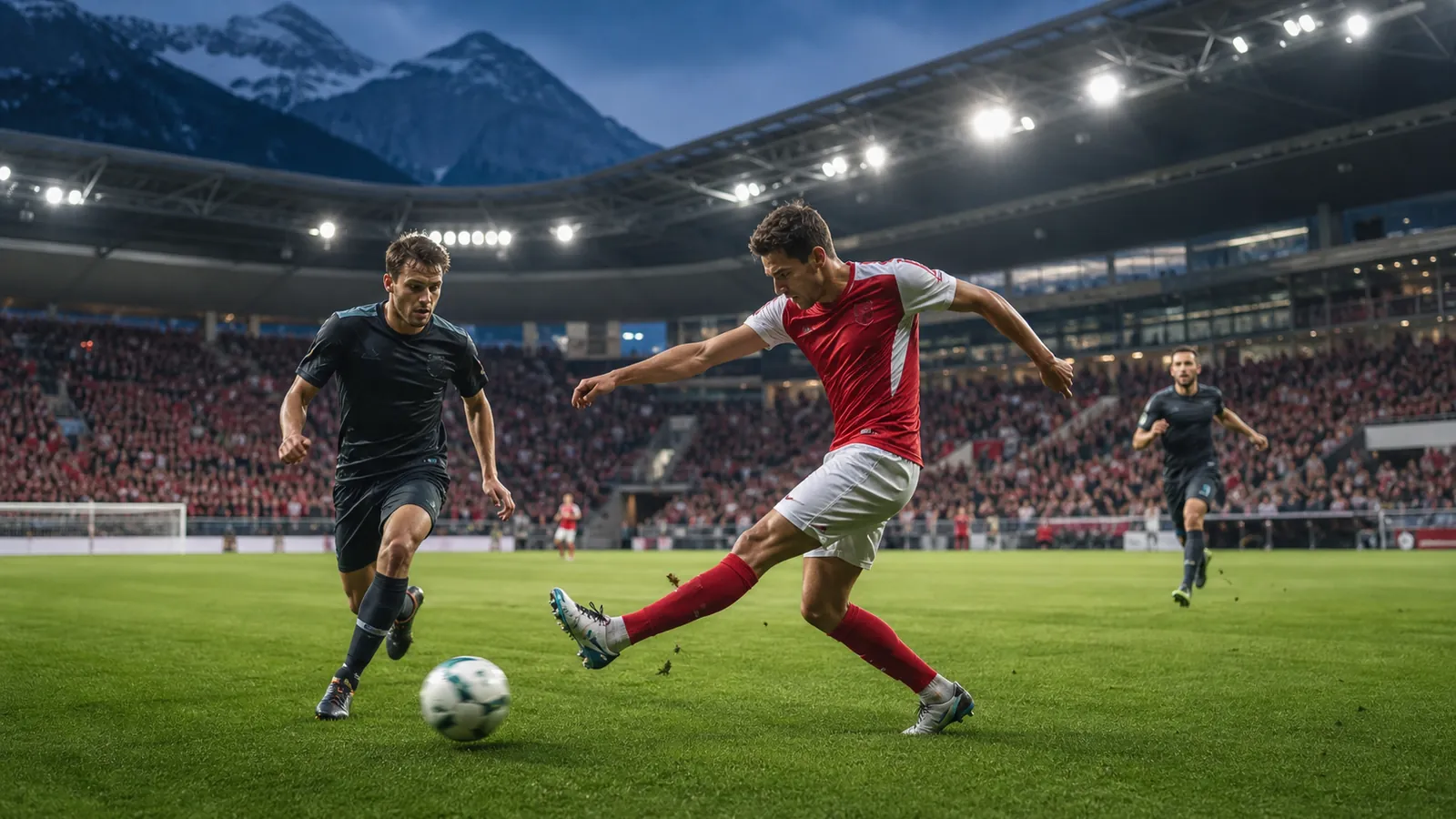 Fussballspieler bei einem Abendspiel der Schweizer Super League