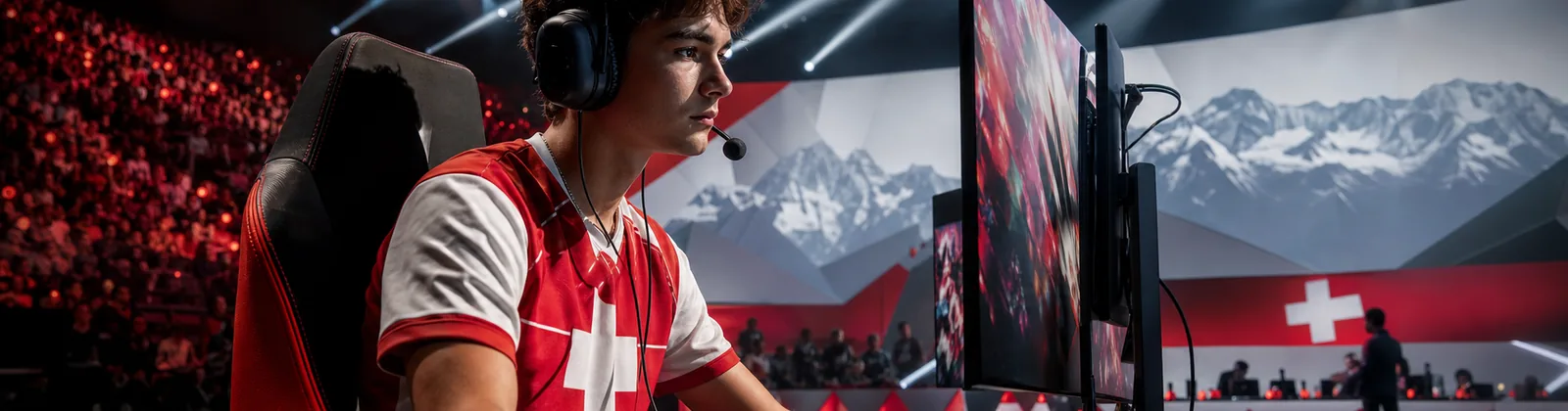 Erwachsene E-Sport-Spieler im Zentrum einer Schweizer Arena