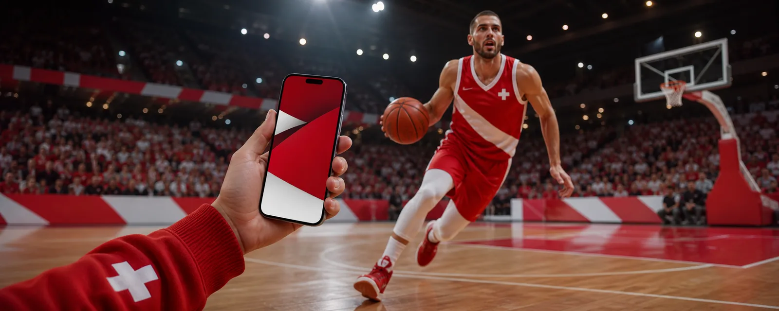 Erwachsene Basketballspieler mit Smartphone in der Schweiz