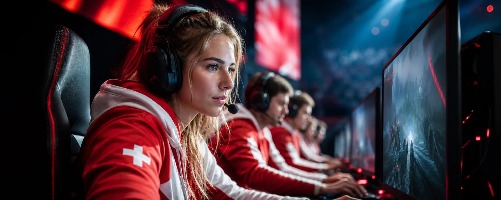 Erwachsene E-Sport-Spieler auf einer Schweizer Bühne