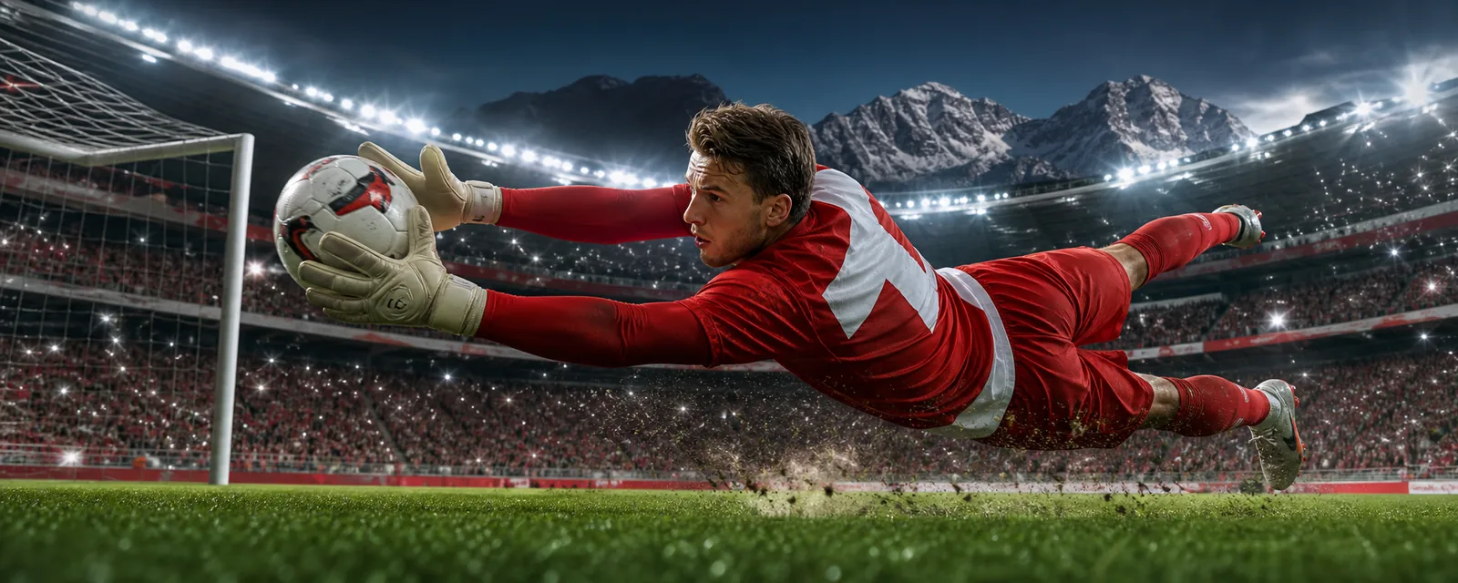 Erwachsene Fussballspieler im Angriff in einem Schweizer Stadion